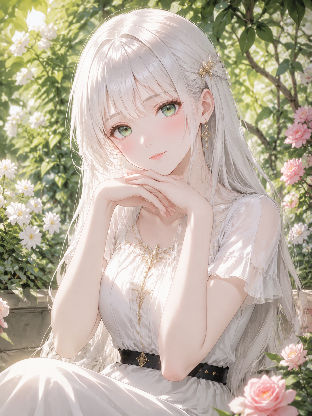 动漫白发少女绿色眼眸插画