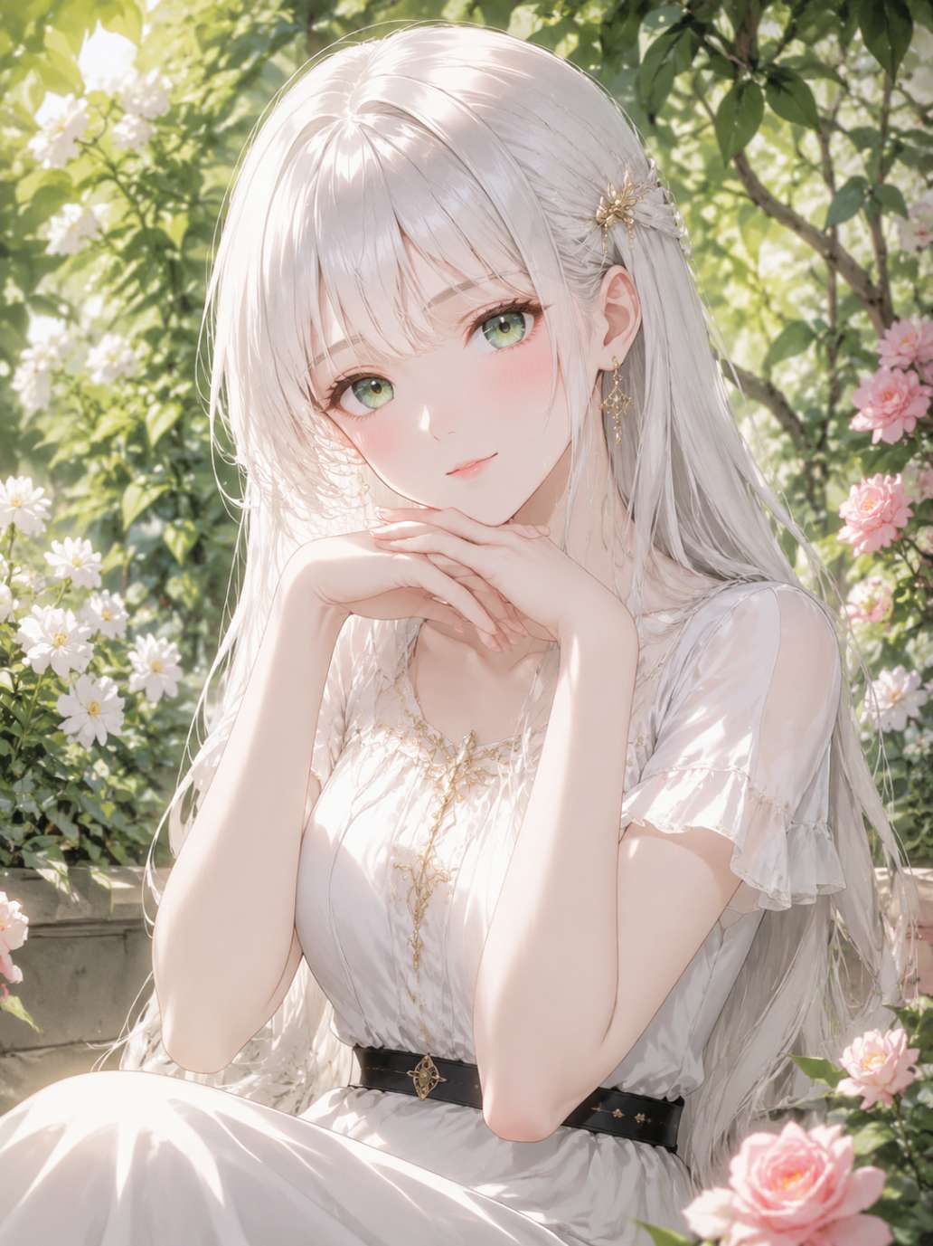 动漫白发少女绿色眼眸插画