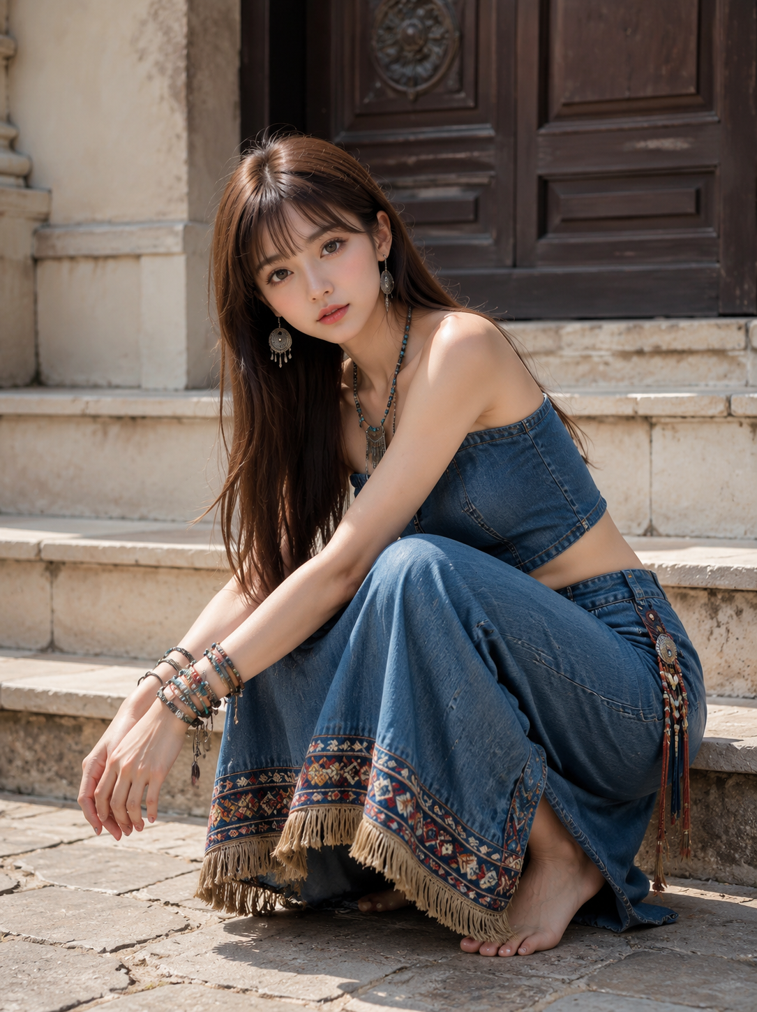 蓝色牛仔民族风写真美女图片