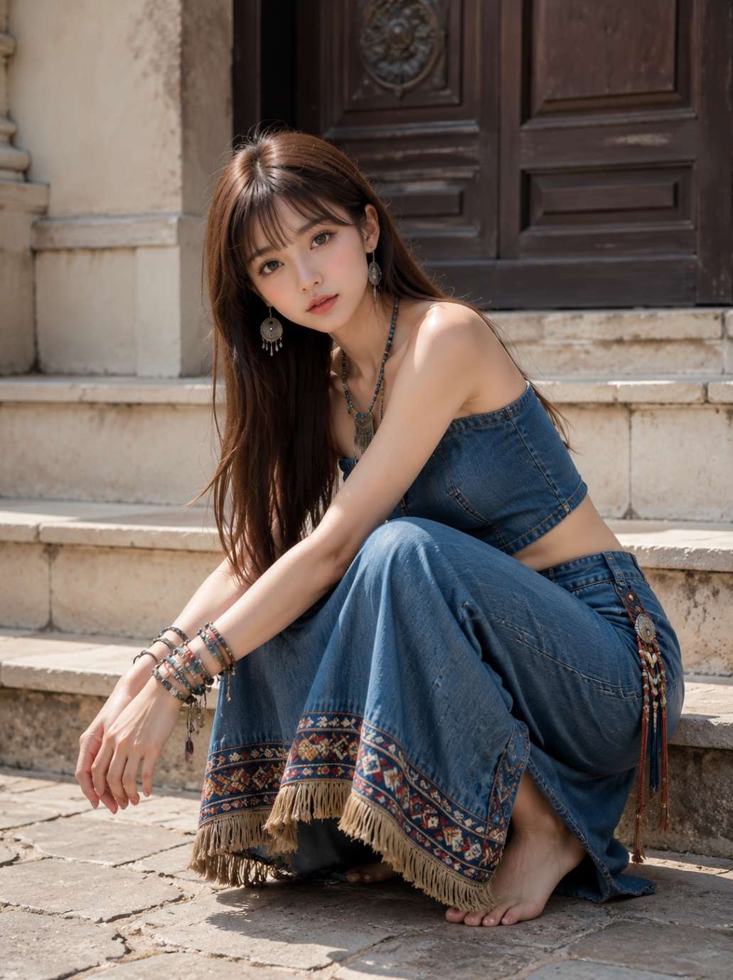 蓝色牛仔民族风写真美女图片