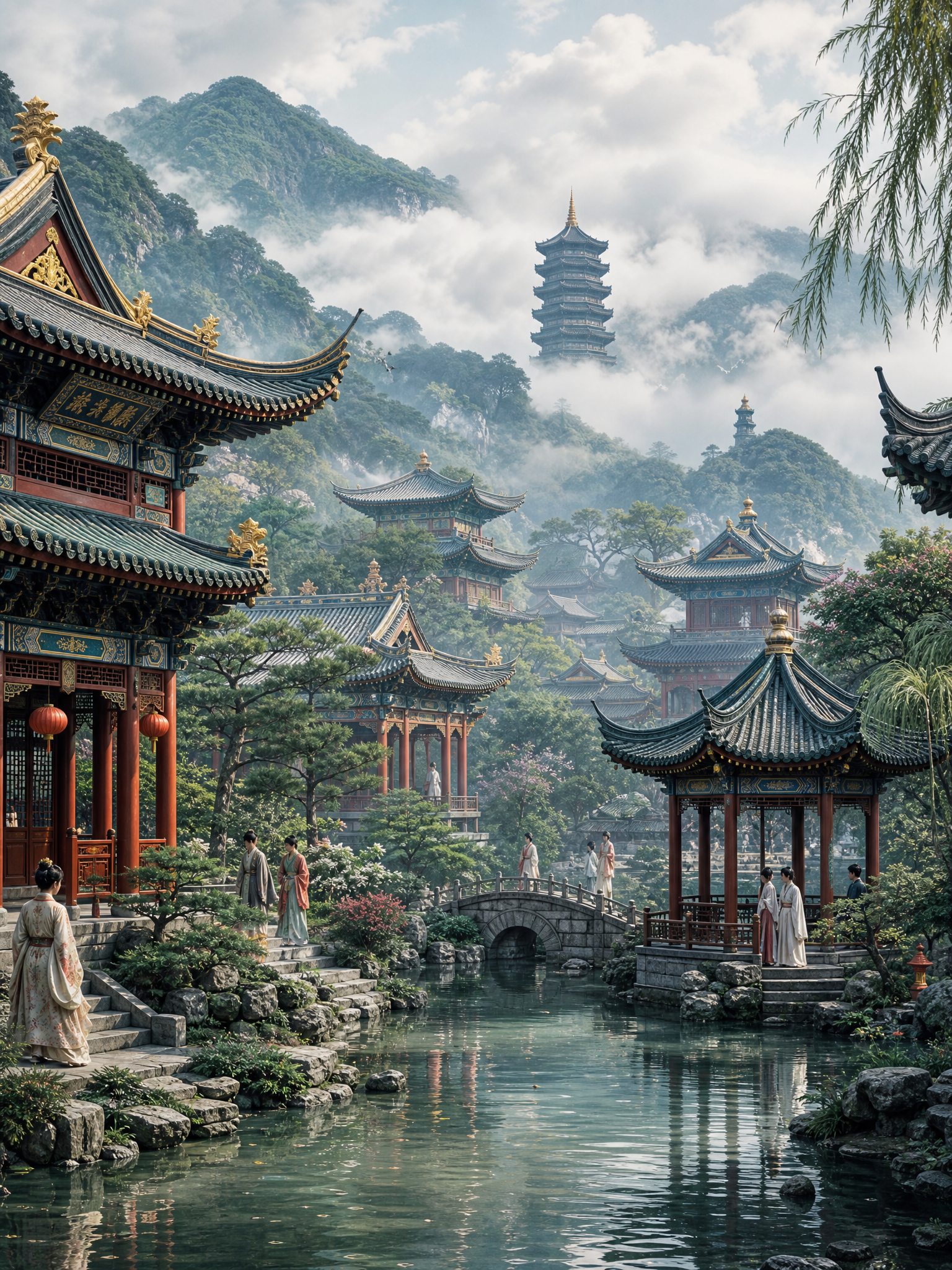 云雾缭绕的中式古建秘境风景图